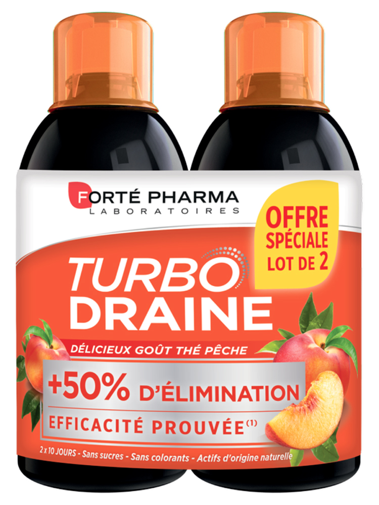 Forté Pharma TurboDraine - Lot de 2 Bouteilles de 500 ml - Goût : Thé Vert/Pêche